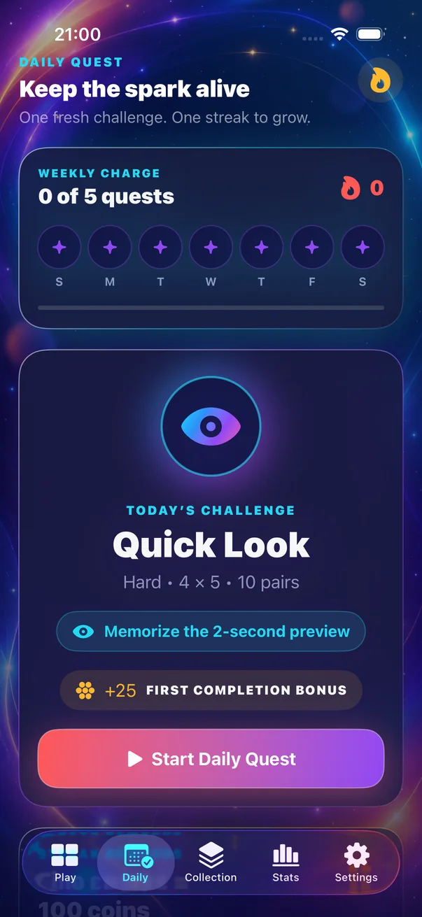 Daily Challenge screen showing weekly progress, a Quick Look challenge and first-completion bonus