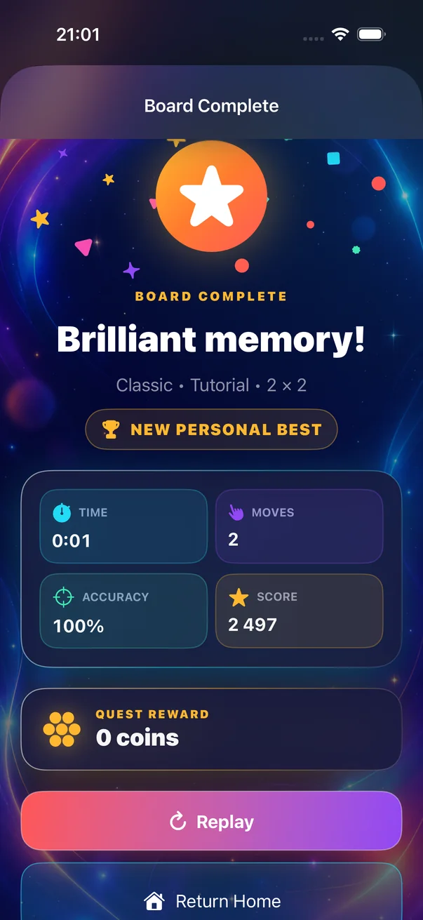 Board Complete results showing time, moves, accuracy, score, reward and replay controls
