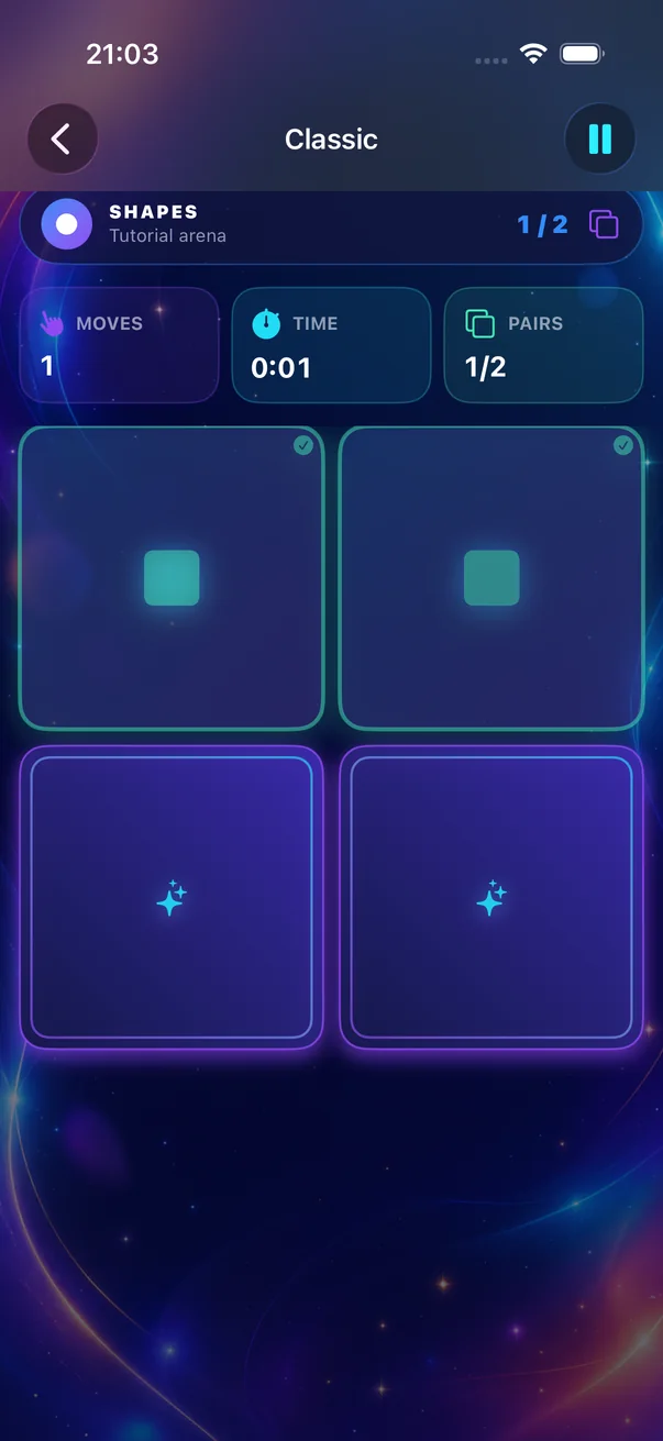 Memory Matching game board with one matching pair revealed and two cards still face down