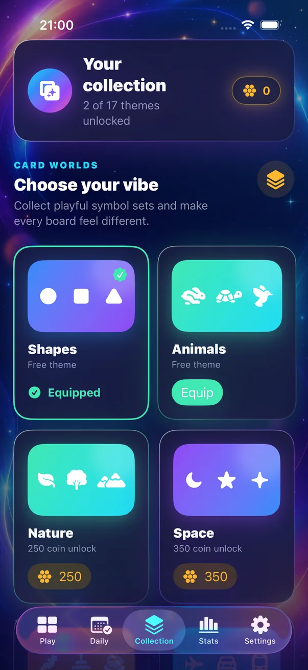 Collection screen with Shapes, Animals, Nature and Space card themes